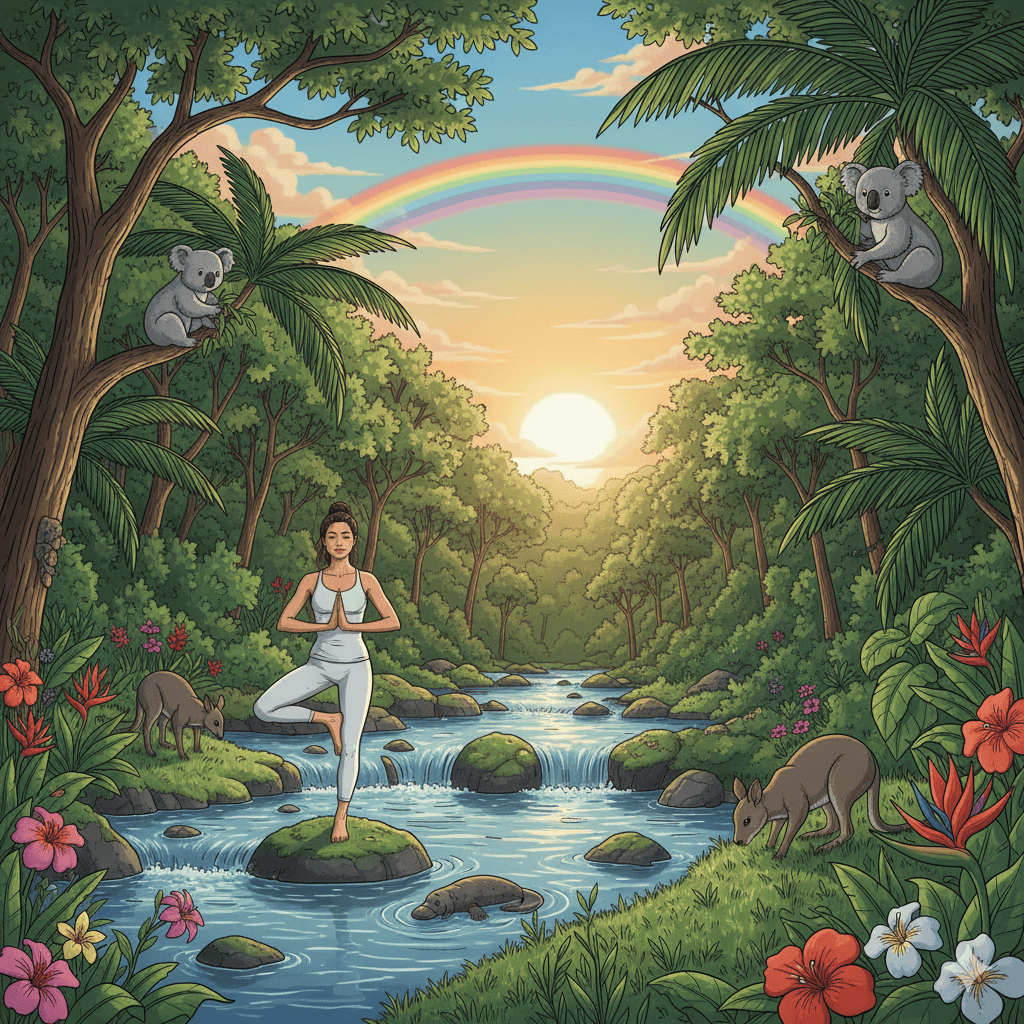 In illustration of a woman doing yoga on a big rock in the creek