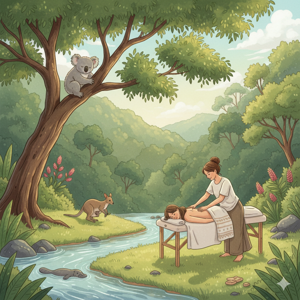 An illustration of someone getting a massage by the creek