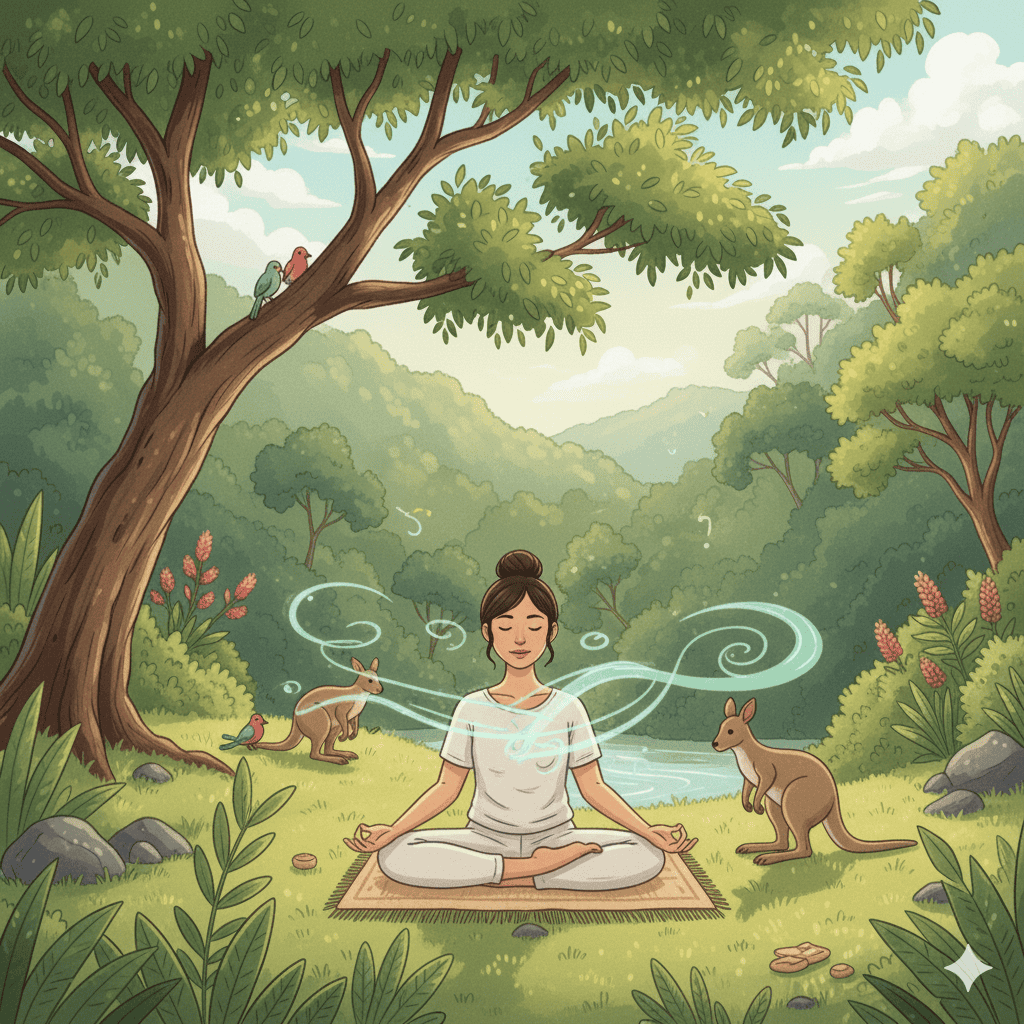 An illustration of a woman sitting by the creek in a meditation pose doing breathing exercises.