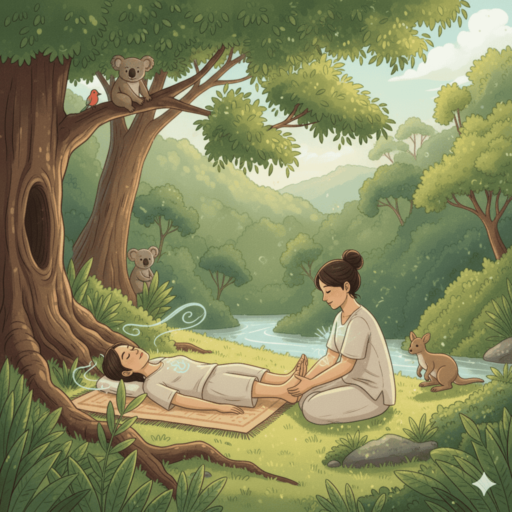 An illustration of a woman laying down by the creek having her feet massaged while doing breathing exercises