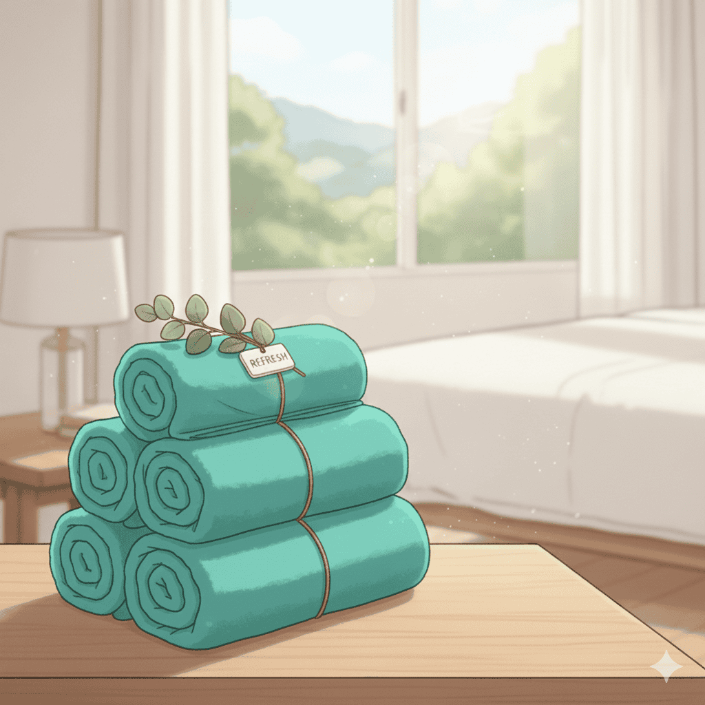 An illustration of the indie of a clean house with a neat pile of rolled clean towels.