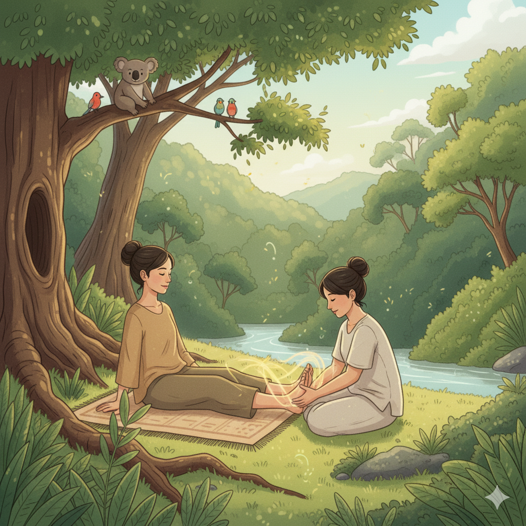 An illustration of a woman sitting by the creek having her feet massaged