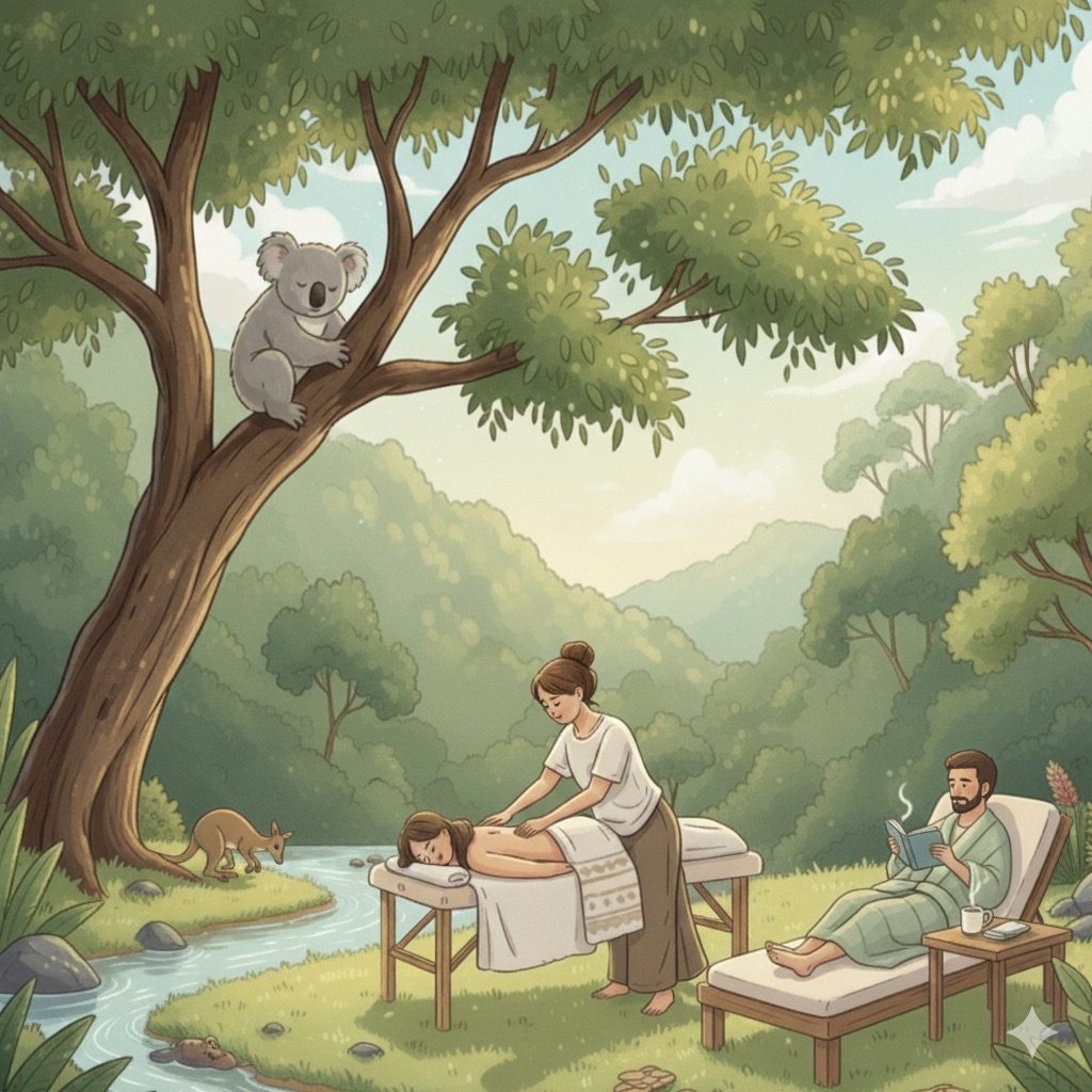 An illustration showing a woman being massaged by a creek while a man sits by waiting for his. 