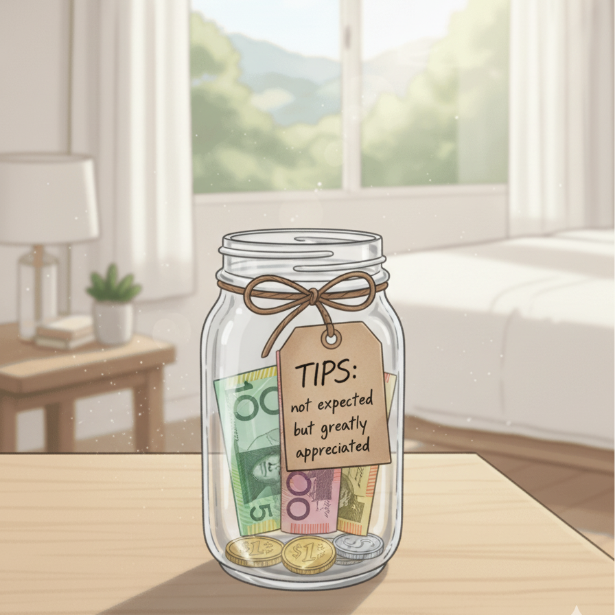 an illustration of a tip jar with a note that says "TIPS: not expected but greatly appreciated" 